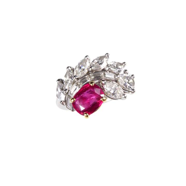 Ruby and diamond scroll cluster ring by Cartier